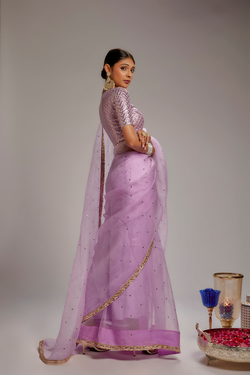 Lilac Pure Organza Badla Work Saree Set - Auraya Fashion -  - #tag1# - #tag2# - #tag3# - #tag3#