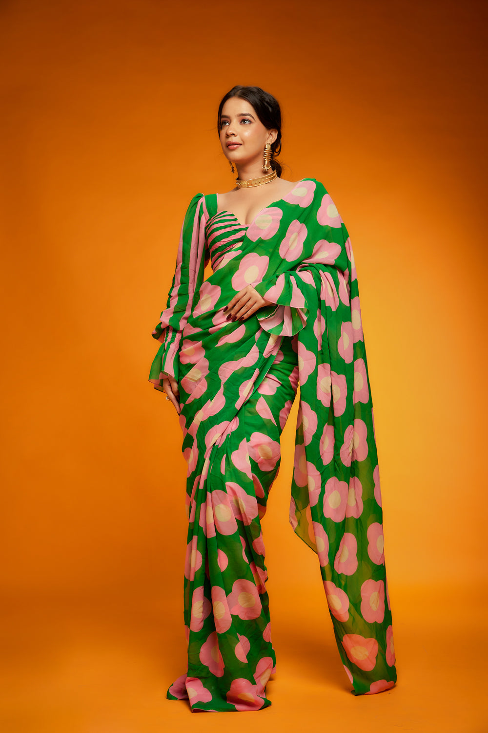 Pink & Green Viscose Georgette Floral Printed Saree Set - Auraya Fashion - Ranbir Mukherjee - #tag1# - #tag2# - #tag3# - #tag3#