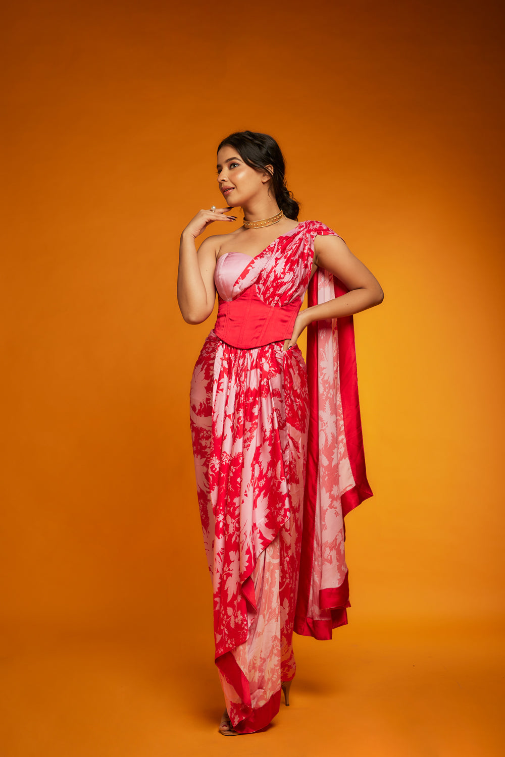 Red & Pink Satin Silk Draped Saree Set - Auraya Fashion - Ranbir Mukherjee - #tag1# - #tag2# - #tag3# - #tag3#