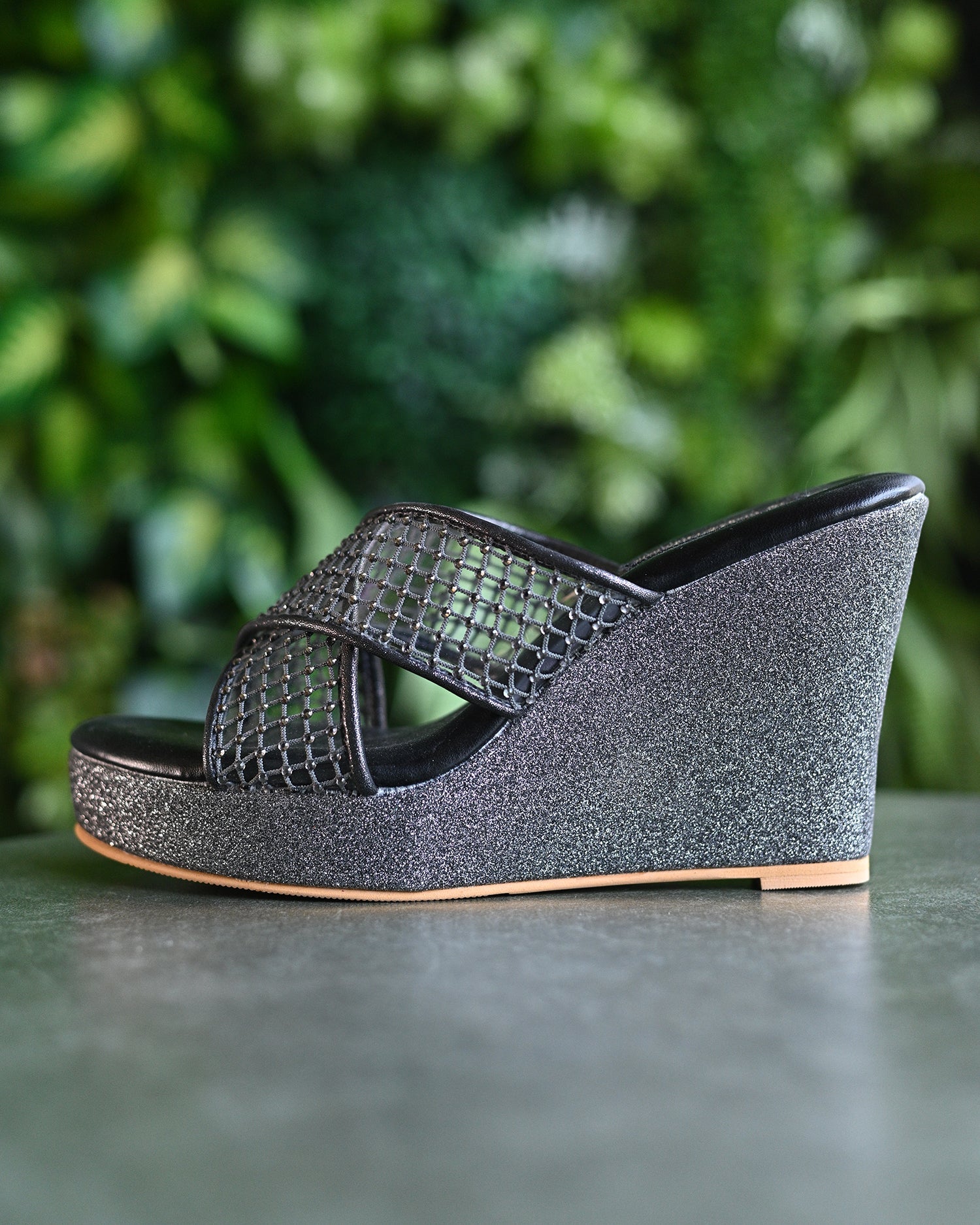 Grey Cross Strap Crystal Wedges
