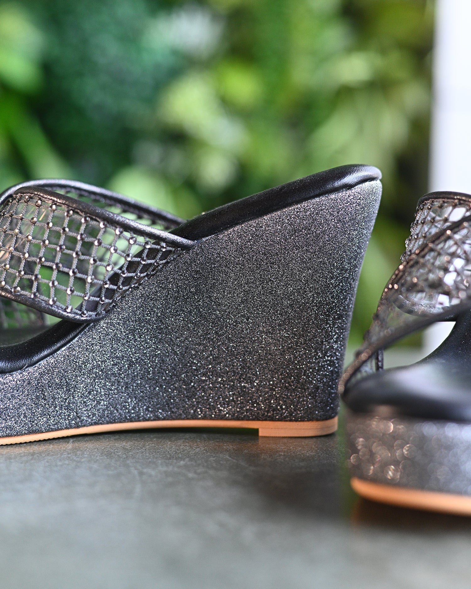 Grey Cross Strap Crystal Wedges