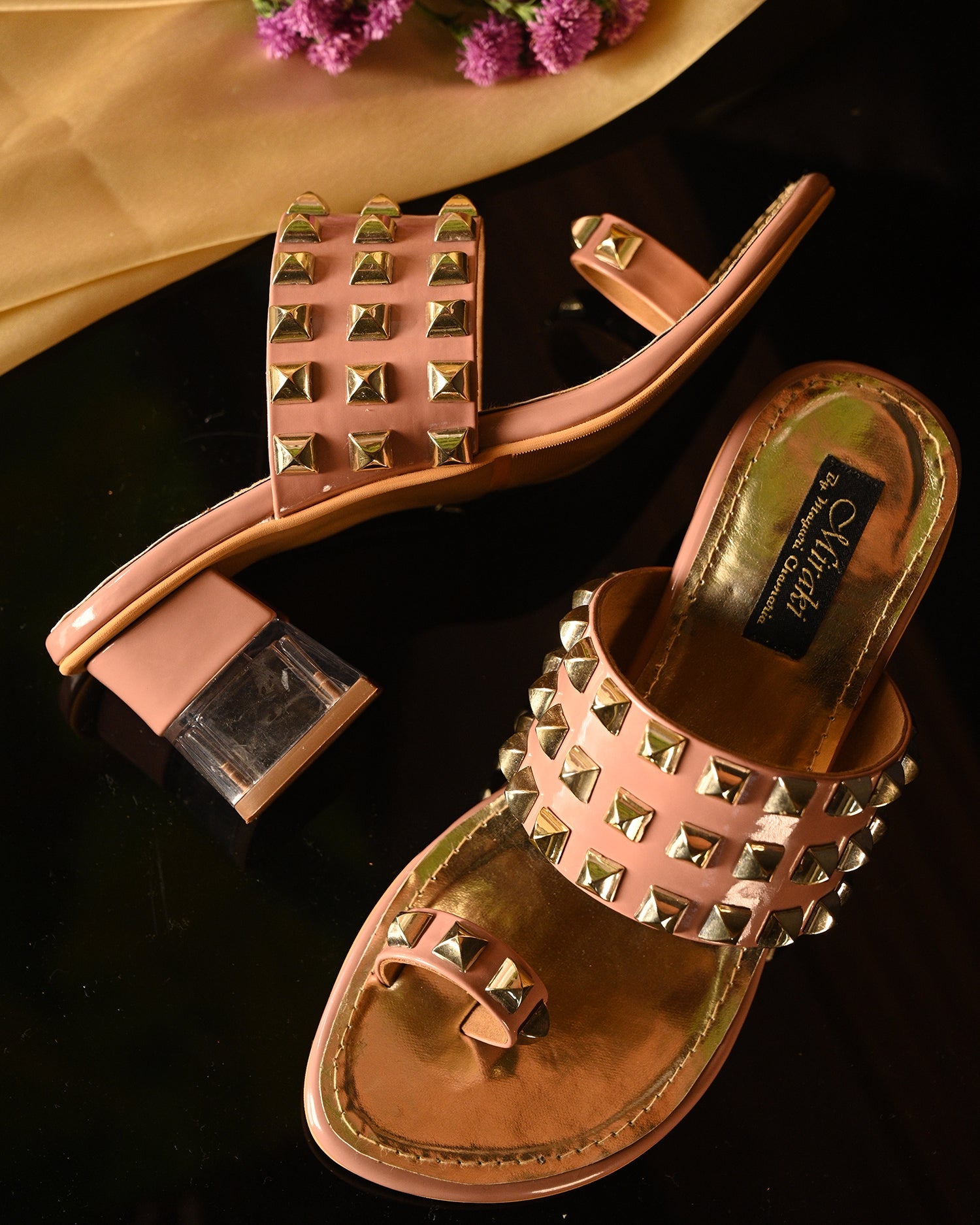 Patent Nude Heels With Gold Studs