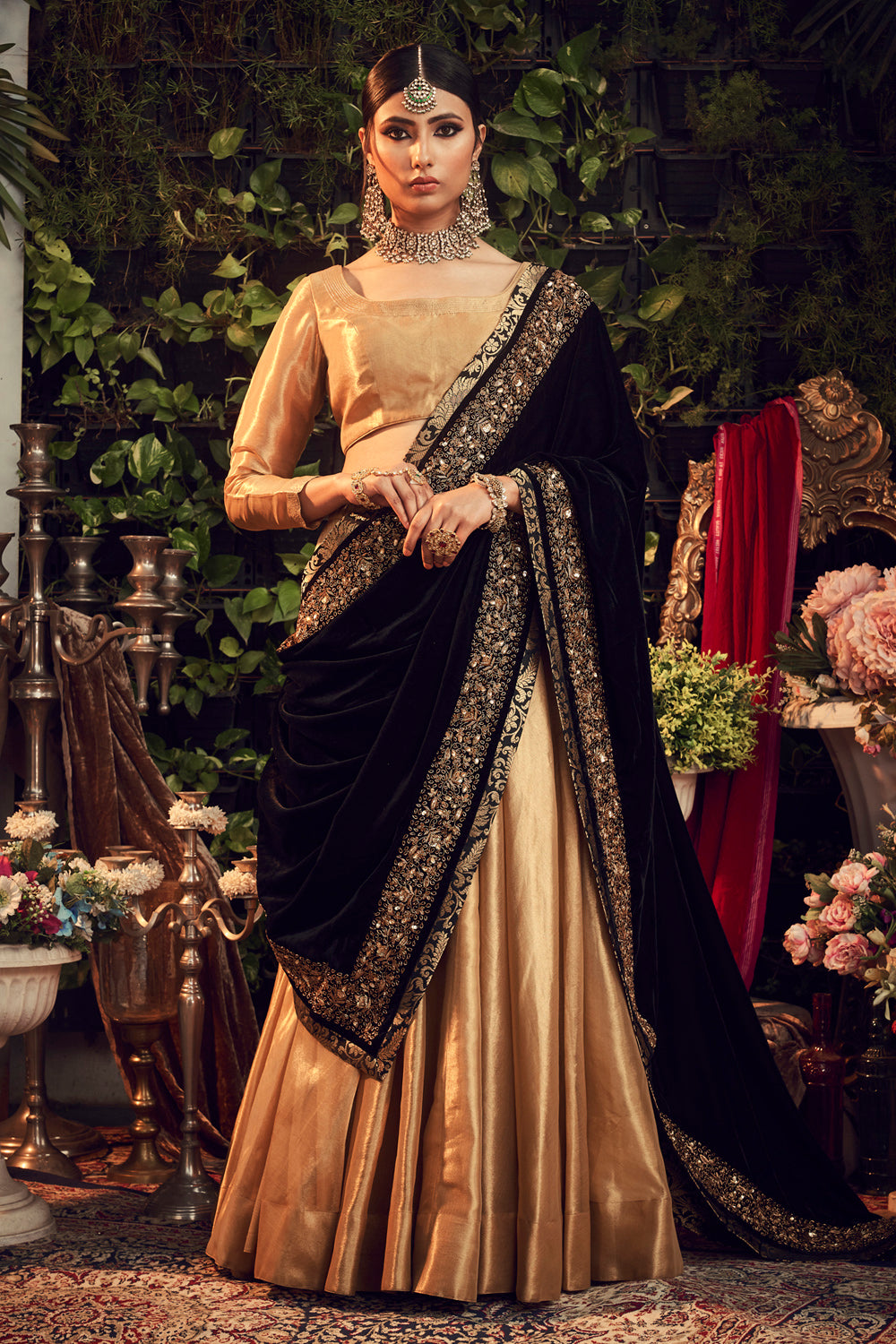 Oxidised Gold Lehenga Set With Velvet Dupatta Shawl - Auraya Fashion - Ranian - #tag1# - #tag2# - #tag3# - #tag3#