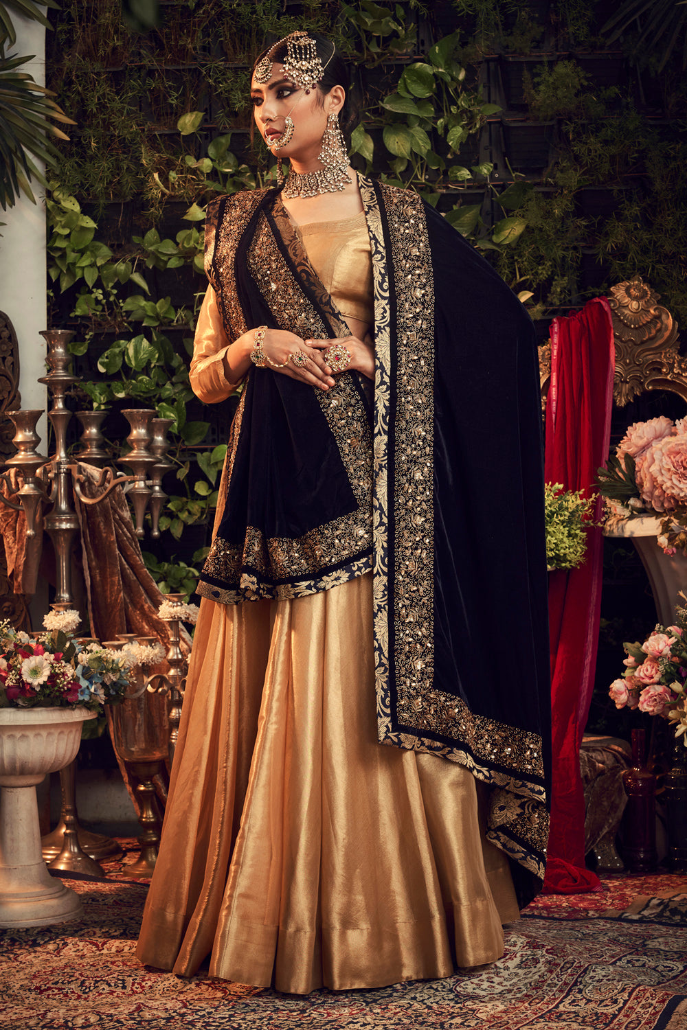 Oxidised Gold Lengha Set With Velvet Dupatta Shawl - Auraya Fashion - Ranian - #tag1# - #tag2# - #tag3# - #tag3#