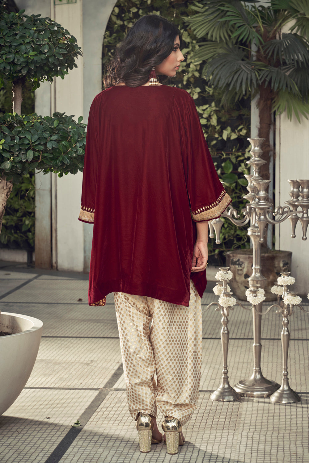 Maroon Velvet Kurta With Chanderi Dhoti Salwar - Auraya Fashion -  - #tag1# - #tag2# - #tag3# - #tag3#