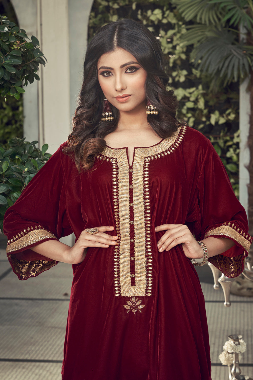 Maroon Velvet Kurta With Chanderi Dhoti Salwar - Auraya Fashion -  - #tag1# - #tag2# - #tag3# - #tag3#