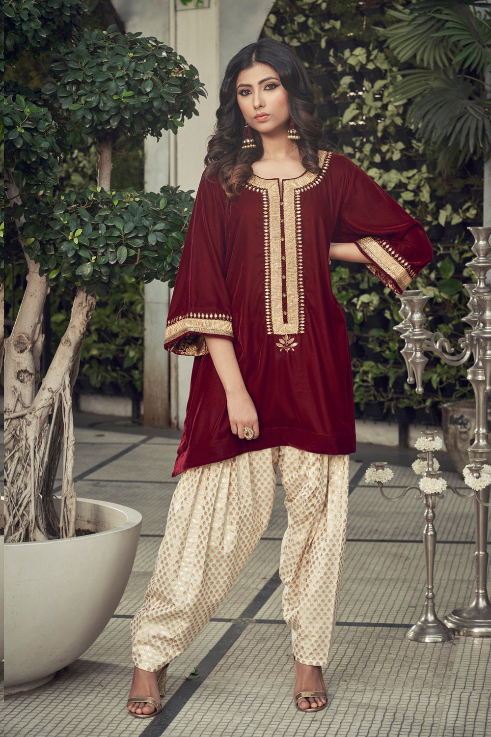 Maroon Velvet Kurta With Chanderi Dhoti Salwar - Auraya Fashion - Ranian - #tag1# - #tag2# - #tag3# - #tag3#