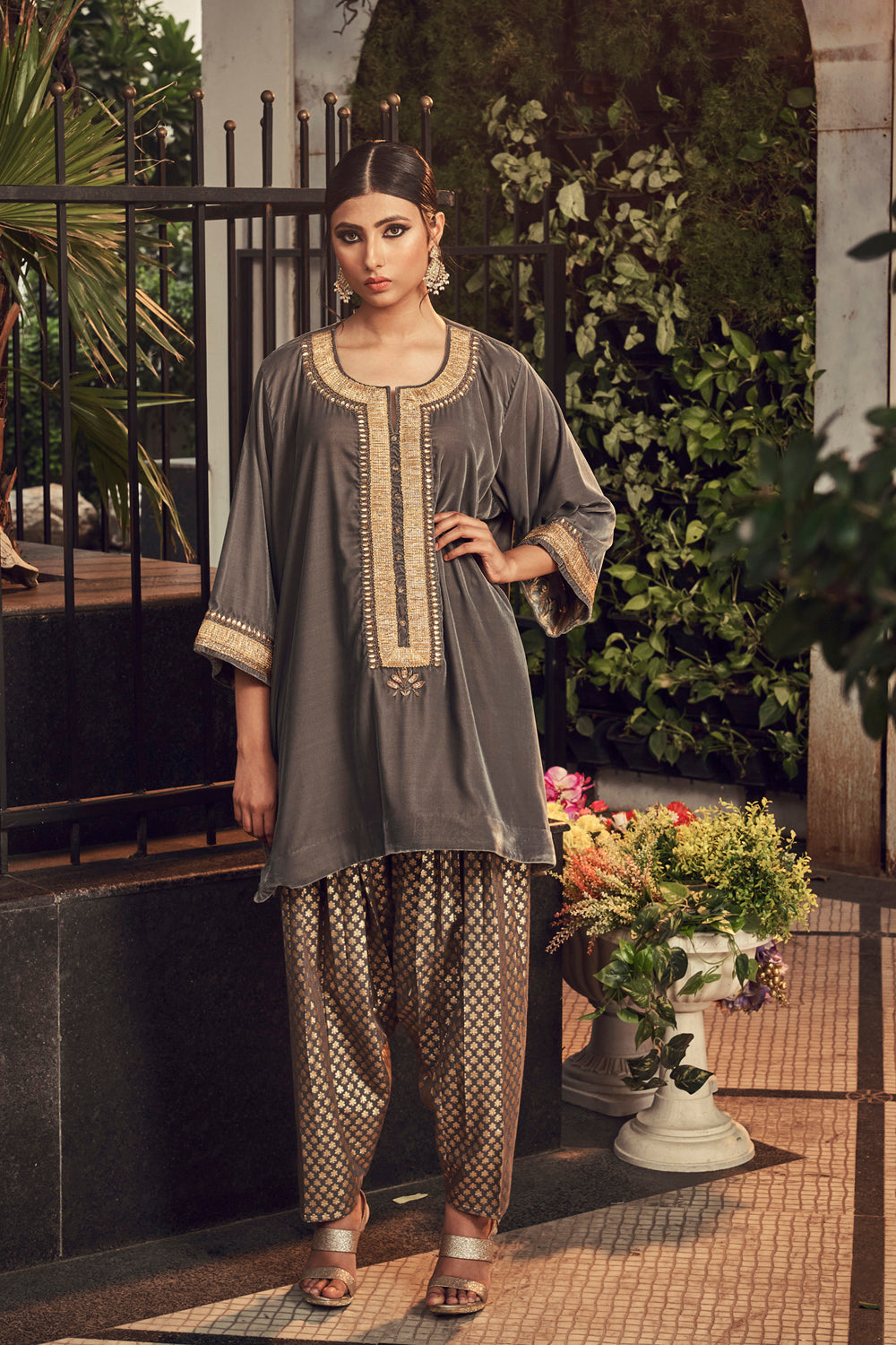 Steel Gray Velvet Kurta And Dhoti Salwar - Auraya Fashion - Ranian - #tag1# - #tag2# - #tag3# - #tag3#