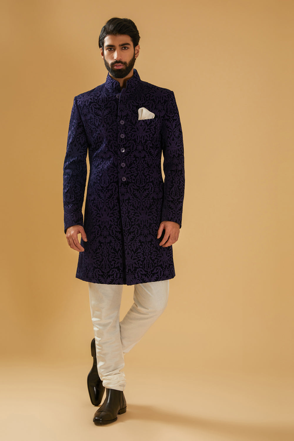 Navy Velvet Achkan - Auraya Fashion - Raghavendra Rathore - #tag1# - #tag2# - #tag3# - #tag3#