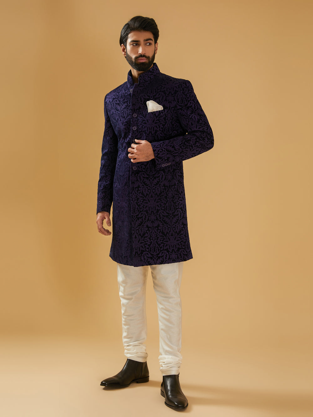 Navy Velvet Achkan - Auraya Fashion -  - #tag1# - #tag2# - #tag3# - #tag3#