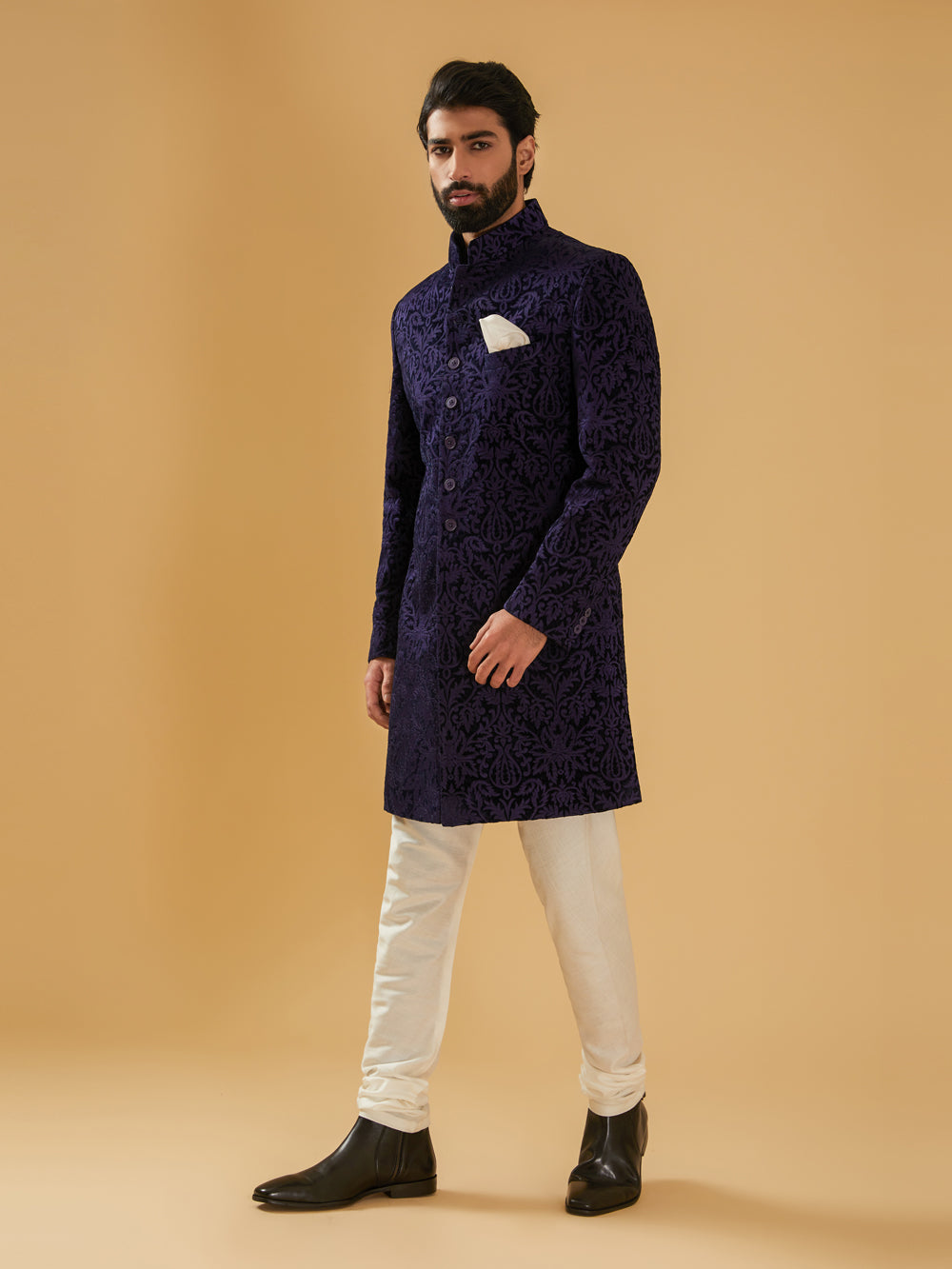 Navy Velvet Achkan - Auraya Fashion -  - #tag1# - #tag2# - #tag3# - #tag3#