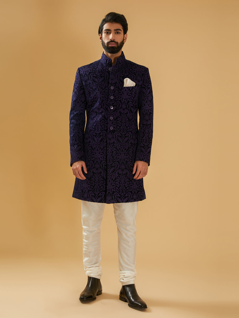 Navy Velvet Achkan - Auraya Fashion -  - #tag1# - #tag2# - #tag3# - #tag3#