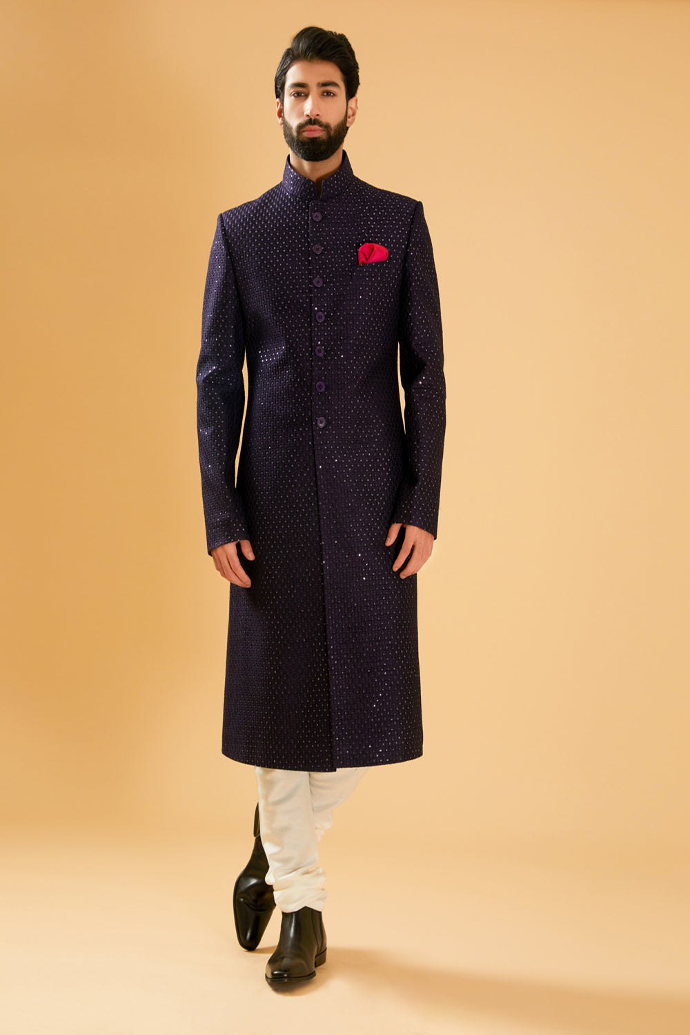 Navy Silk Achkan - Auraya Fashion - Raghavendra Rathore - #tag1# - #tag2# - #tag3# - #tag3#