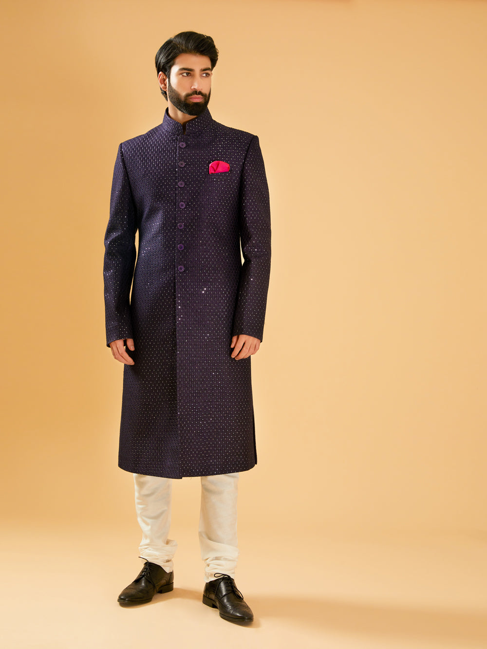 Navy Silk Achkan - Auraya Fashion -  - #tag1# - #tag2# - #tag3# - #tag3#