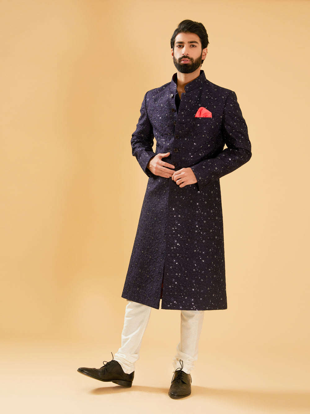 Navy Silk Achkan - Auraya Fashion -  - #tag1# - #tag2# - #tag3# - #tag3#