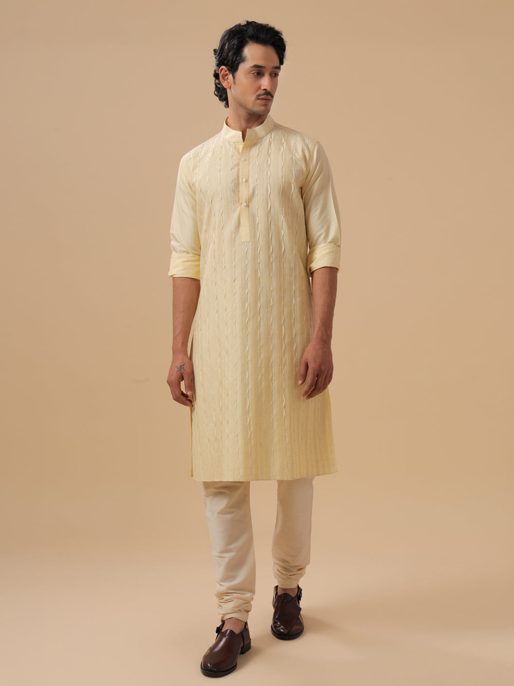 Light Gold Silk Kurta - Auraya Fashion -  - #tag1# - #tag2# - #tag3# - #tag3#