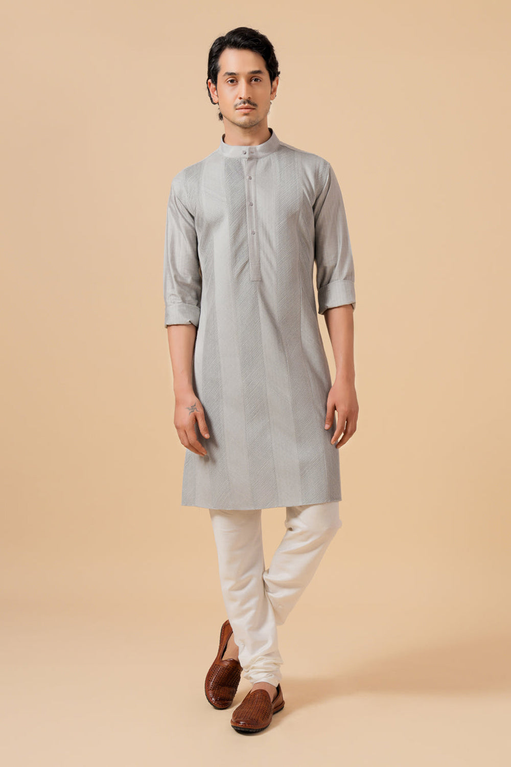 Grey Silk Kurta - Auraya Fashion - Raghavendra Rathore - #tag1# - #tag2# - #tag3# - #tag3#