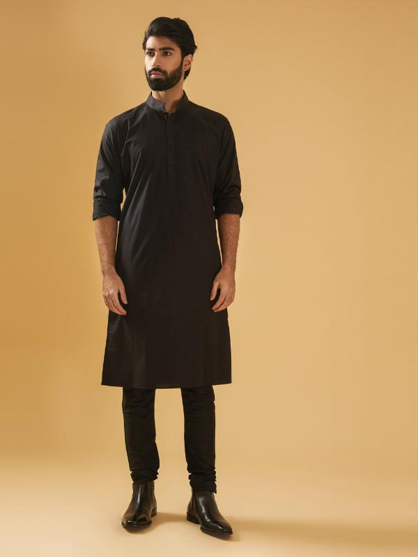 Black Cotton Kurta - Auraya Fashion - Raghavendra Rathore - #tag1# - #tag2# - #tag3# - #tag3#