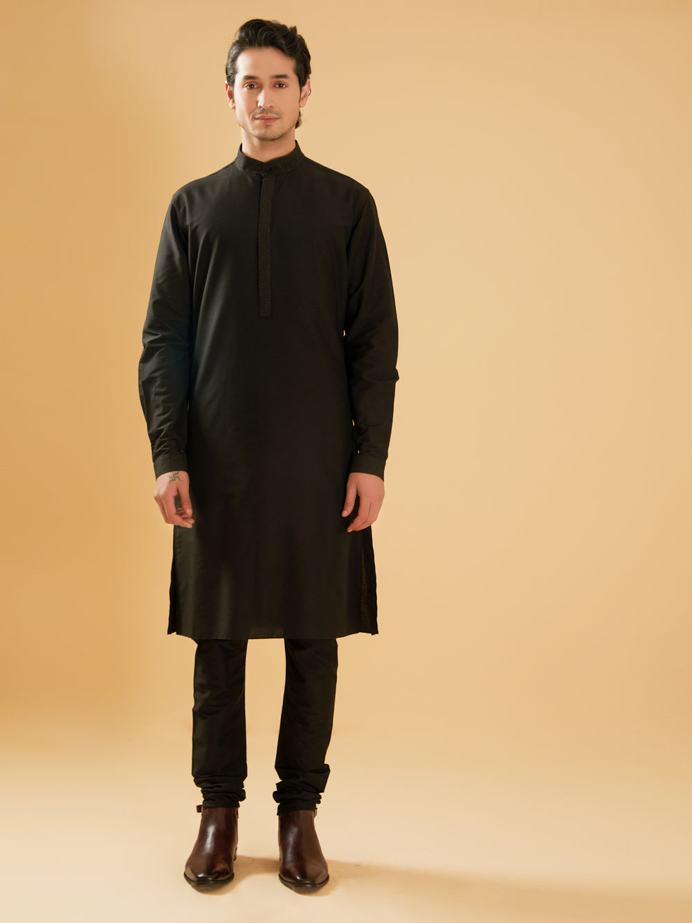 Black Silk Kurta - Auraya Fashion -  - #tag1# - #tag2# - #tag3# - #tag3#