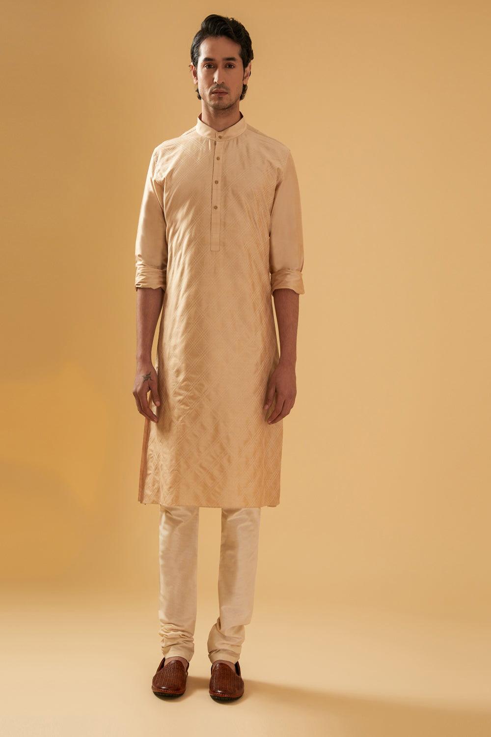 Beige Silk Kurta - Auraya Fashion - Raghavendra Rathore - #tag1# - #tag2# - #tag3# - #tag3#