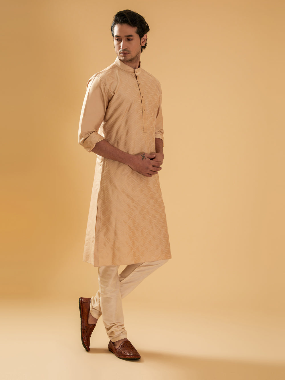 Beige Silk Kurta - Auraya Fashion -  - #tag1# - #tag2# - #tag3# - #tag3#