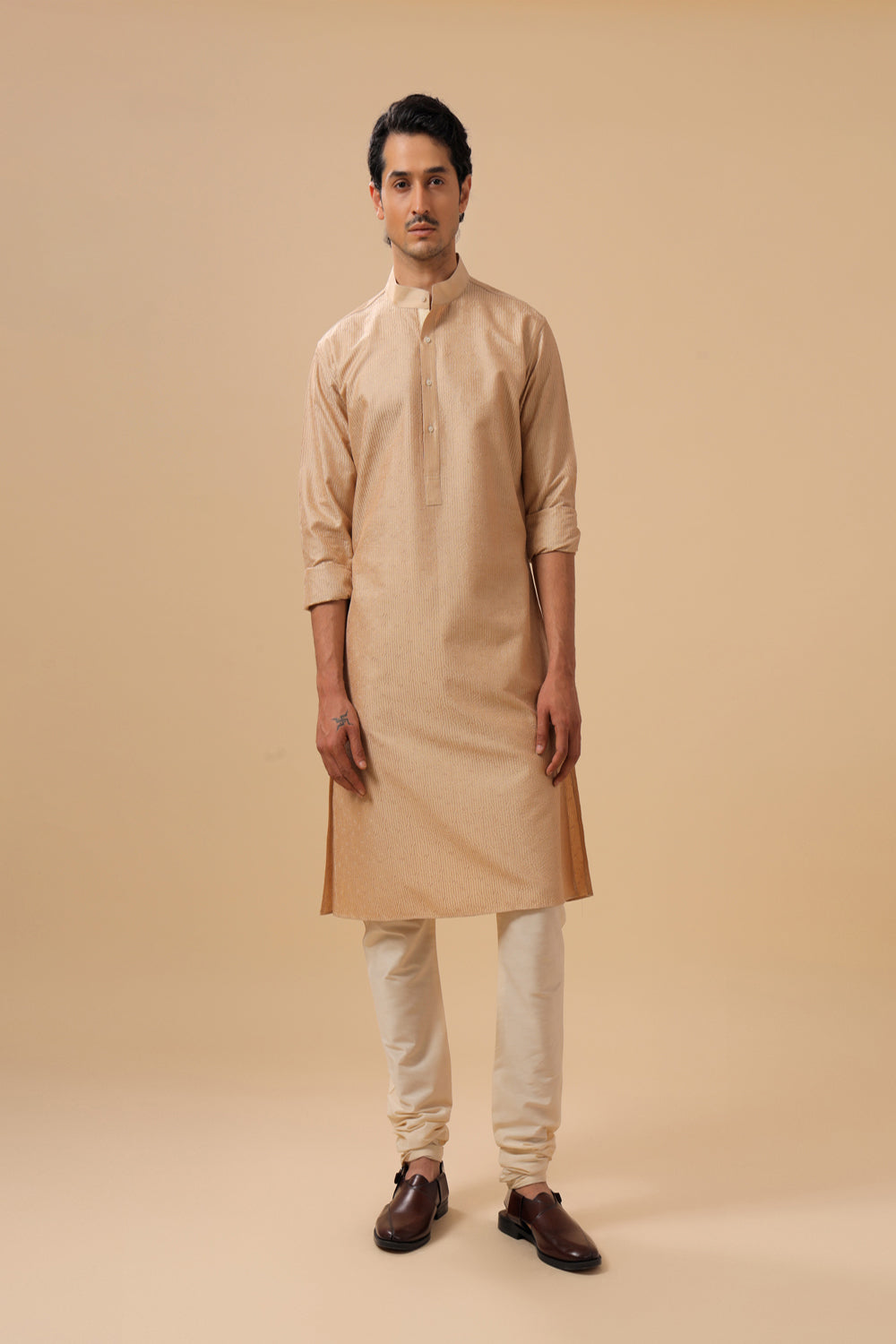 Beige Silk Kurta - Auraya Fashion - Raghavendra Rathore - #tag1# - #tag2# - #tag3# - #tag3#