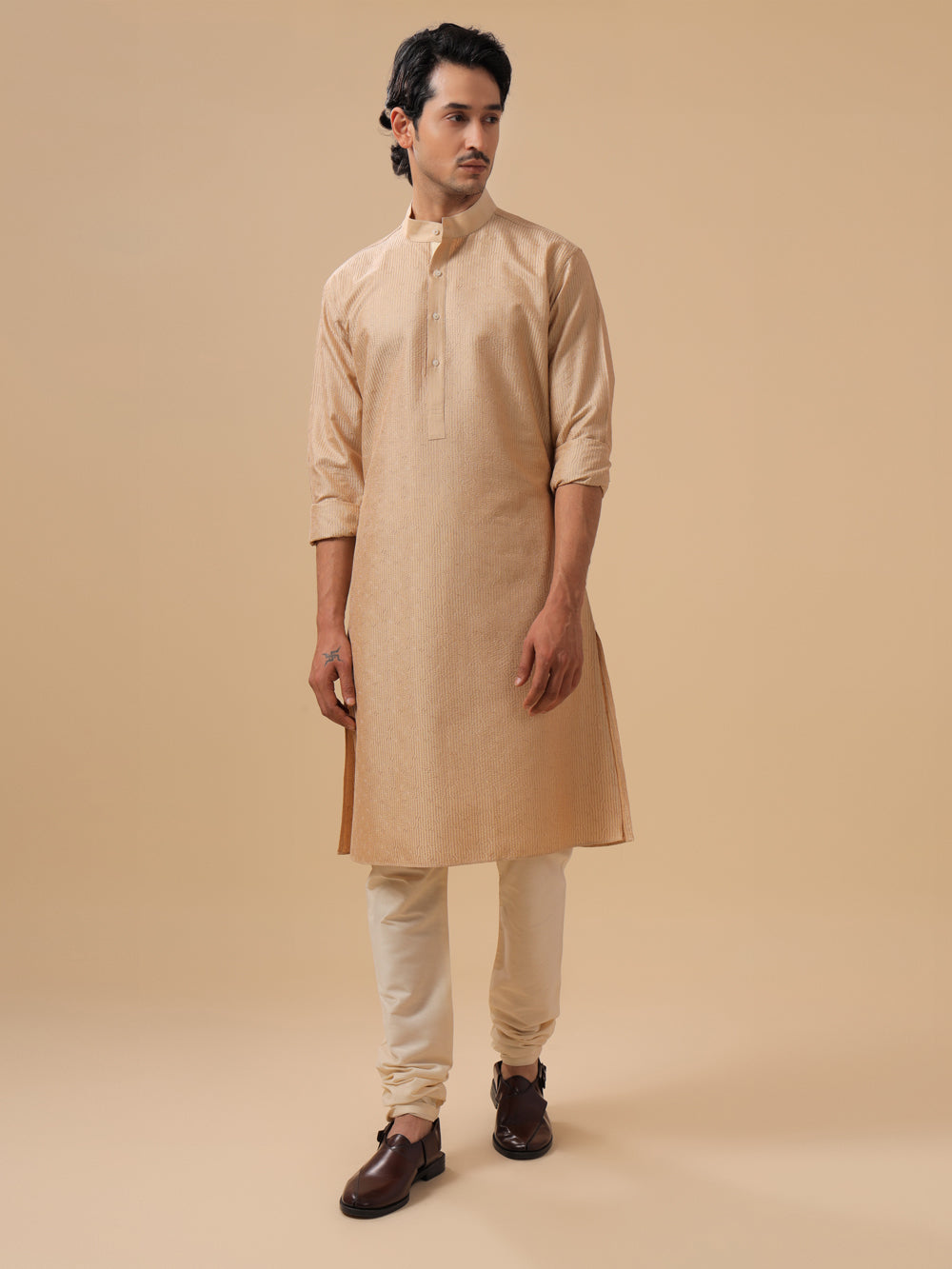 Beige Silk Kurta - Auraya Fashion -  - #tag1# - #tag2# - #tag3# - #tag3#