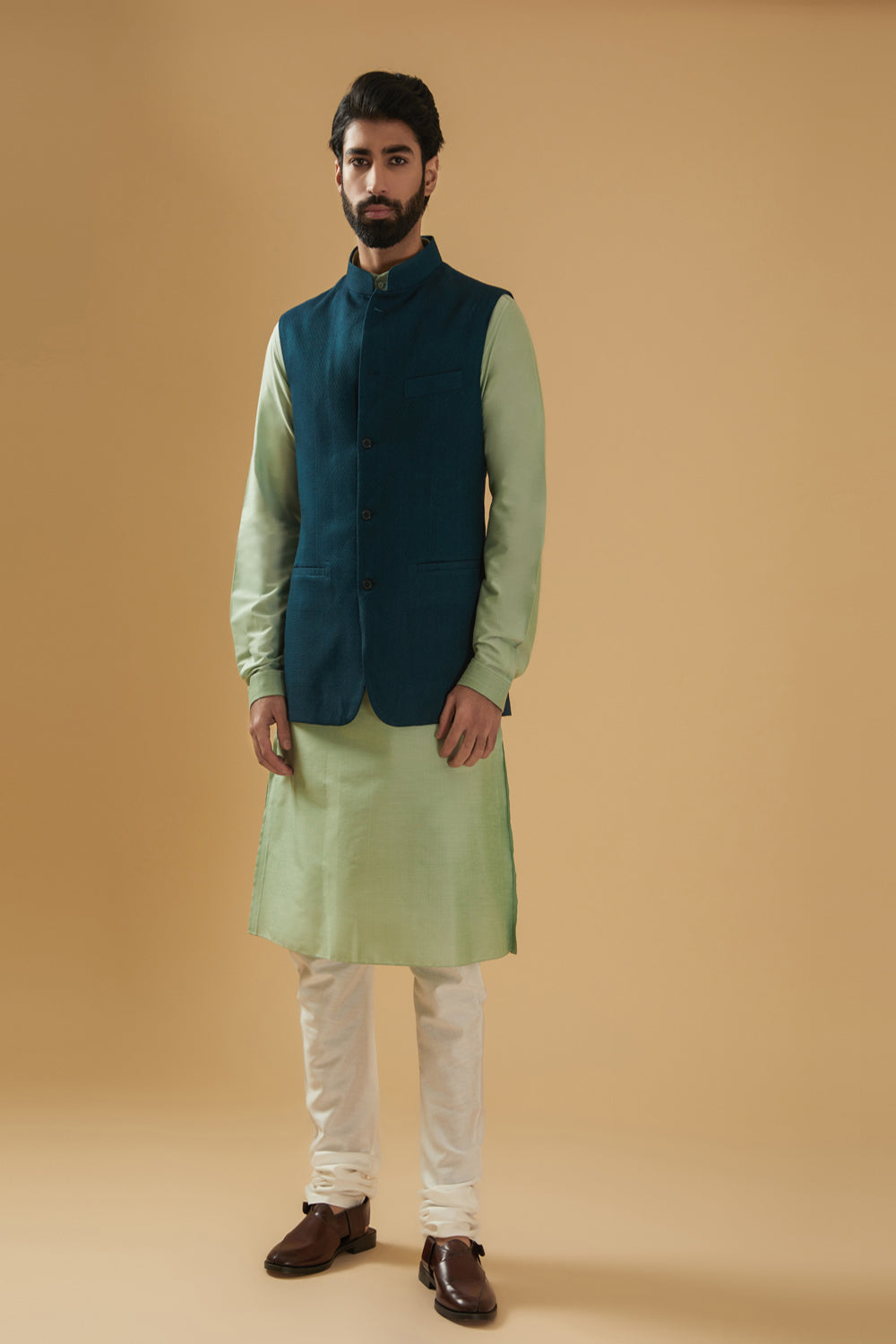 Teal Blue Textured Waistcoat - Auraya Fashion - Raghavendra Rathore - #tag1# - #tag2# - #tag3# - #tag3#