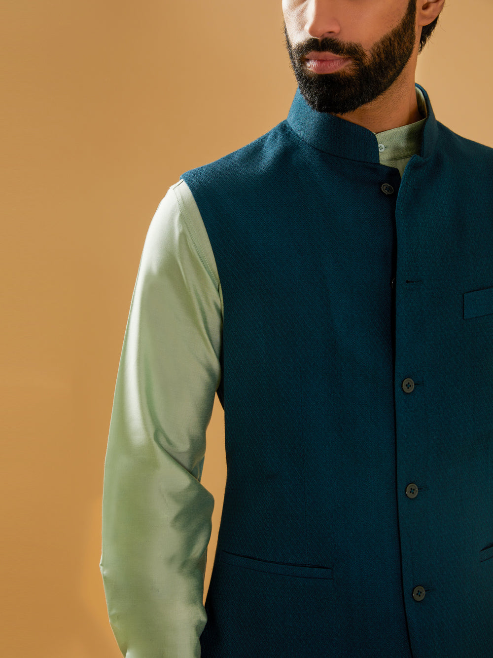 Teal Blue Textured Waistcoat - Auraya Fashion -  - #tag1# - #tag2# - #tag3# - #tag3#