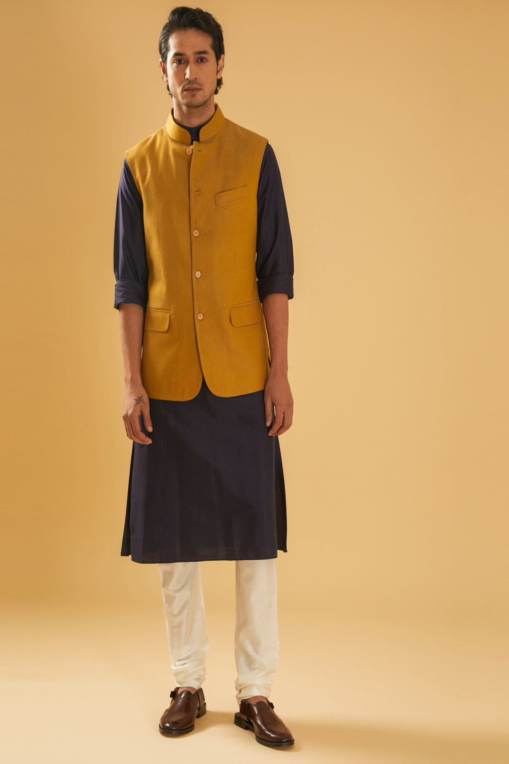 Mustard Textured Waistcoat - Auraya Fashion - Raghavendra Rathore - #tag1# - #tag2# - #tag3# - #tag3#