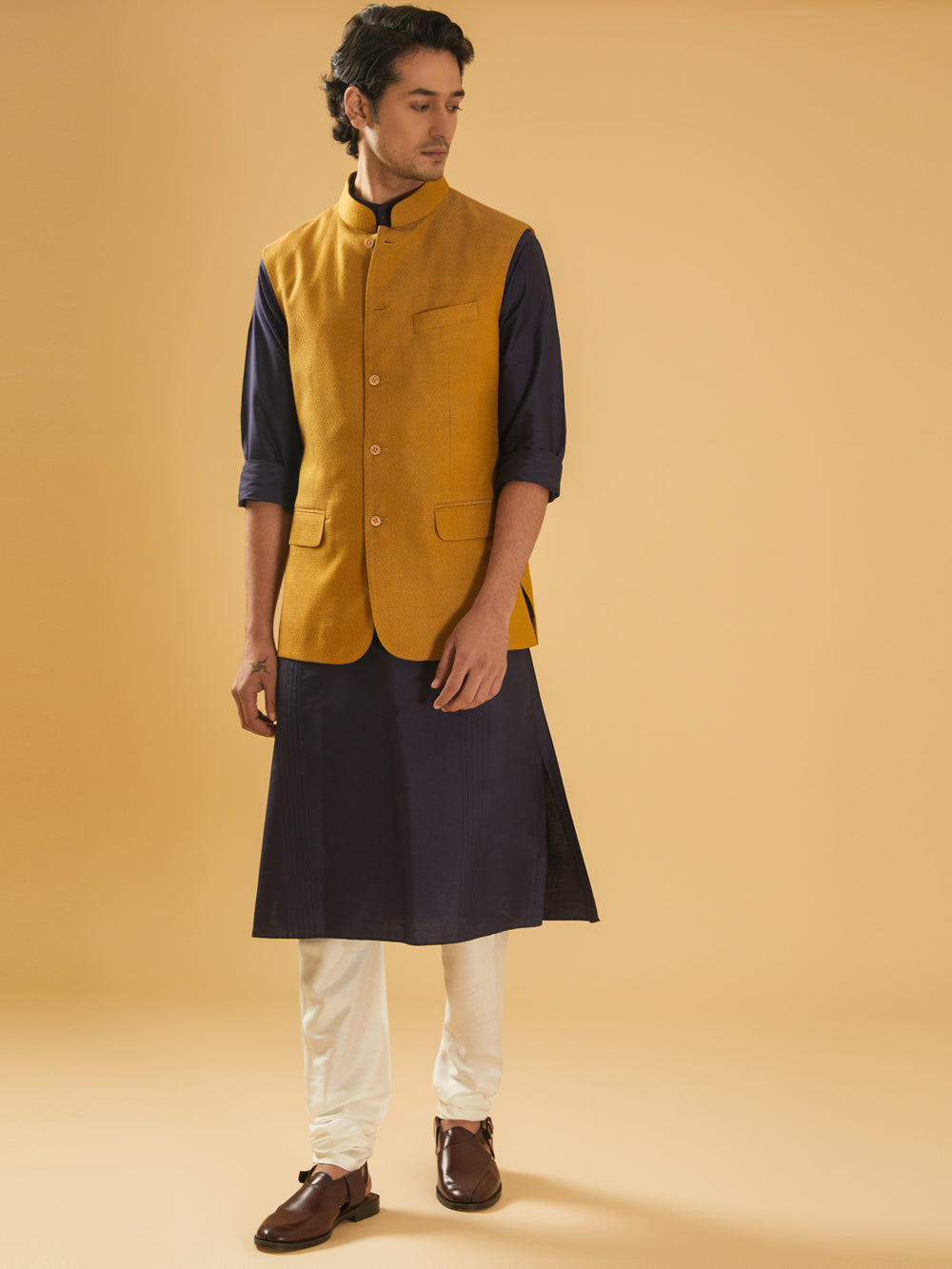 Mustard Textured Waistcoat - Auraya Fashion -  - #tag1# - #tag2# - #tag3# - #tag3#