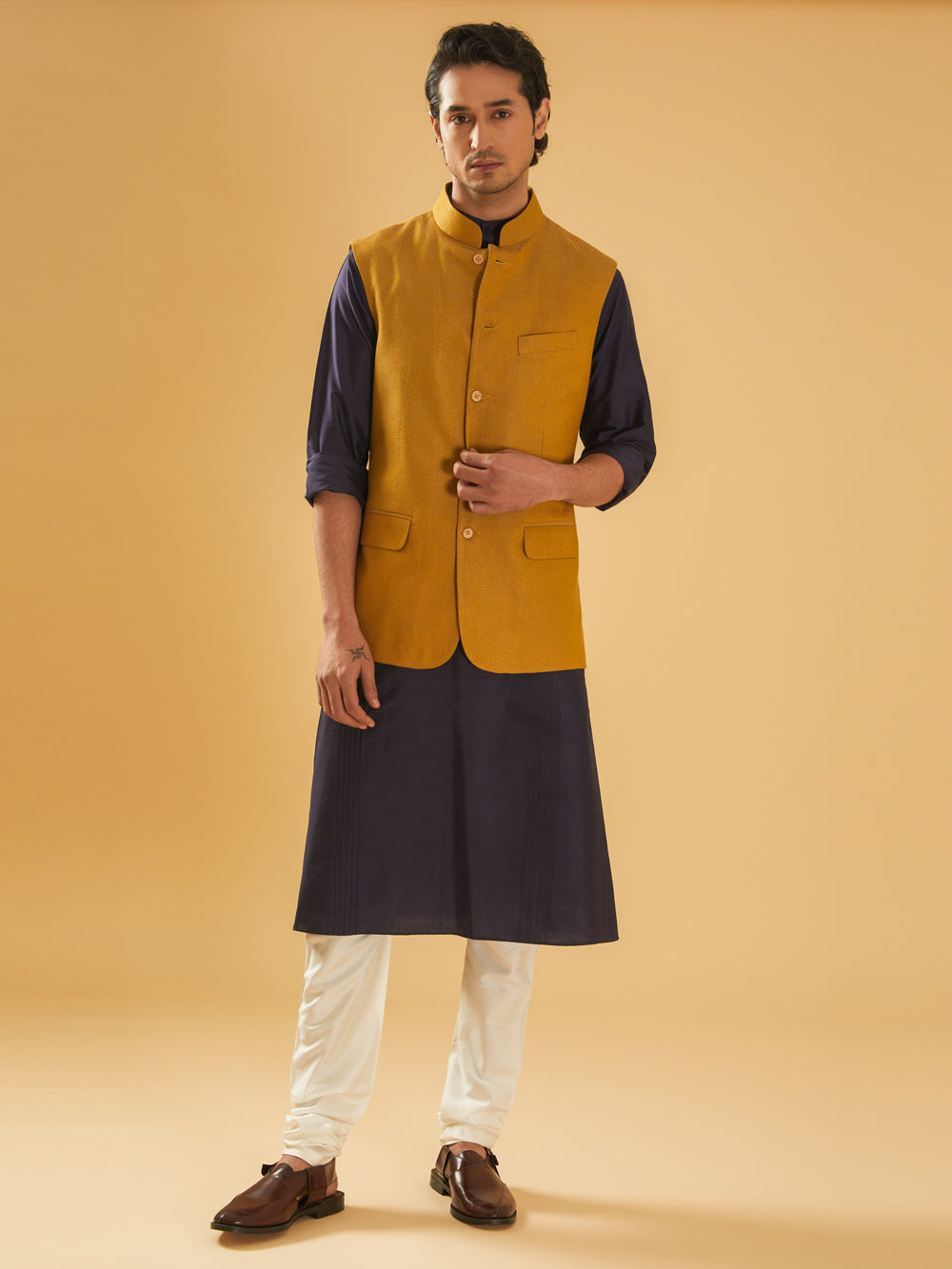 Mustard Textured Waistcoat - Auraya Fashion -  - #tag1# - #tag2# - #tag3# - #tag3#