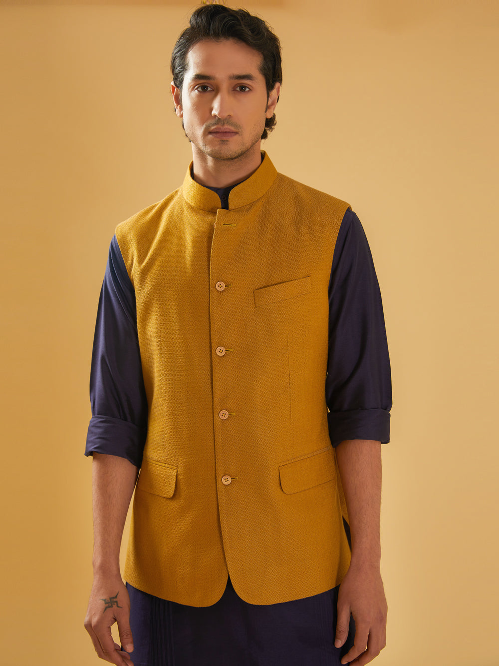 Mustard Textured Waistcoat - Auraya Fashion -  - #tag1# - #tag2# - #tag3# - #tag3#