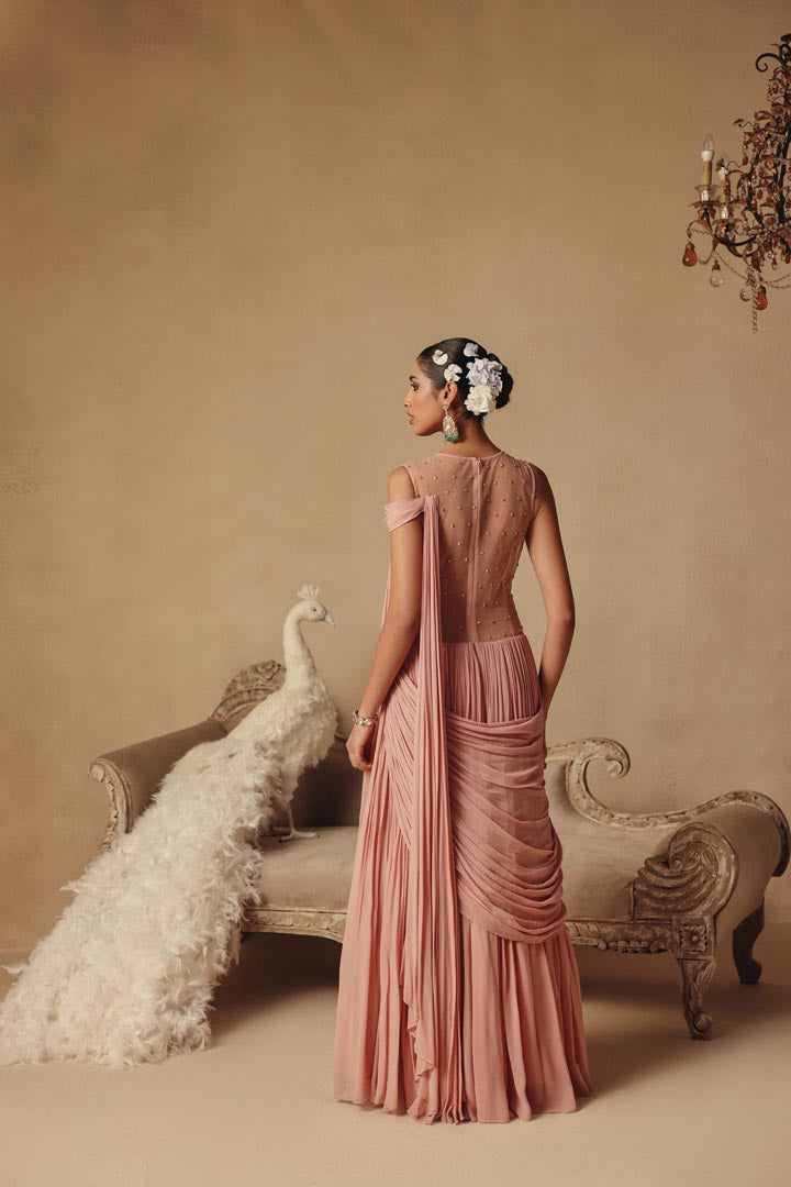 One Piece Pink Drape Hand Embroidery Saree Style