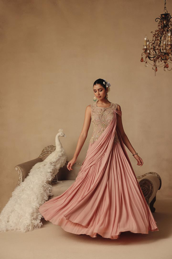 One Piece Pink Drape Hand Embroidery Saree Style