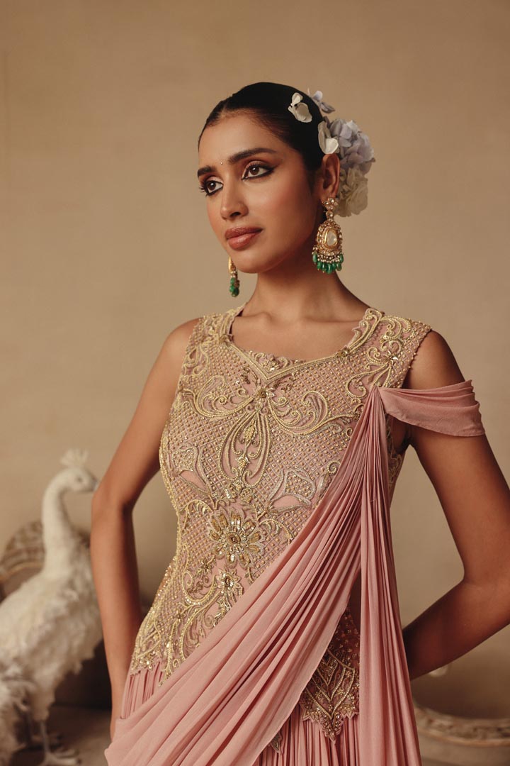 One Piece Pink Drape Hand Embroidery Saree Style