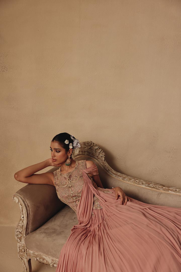 One Piece Pink Drape Hand Embroidery Saree Style