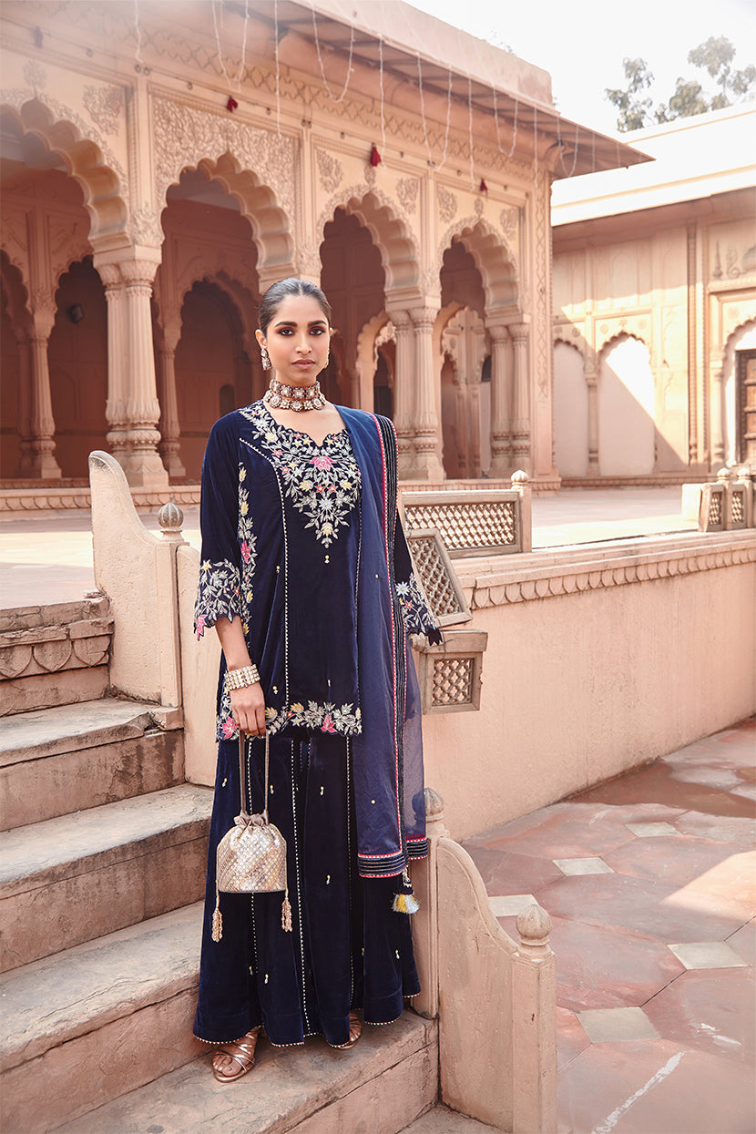 Rufi Navy Blue Hand Embroidered Short Kurta with Garara & Organza Dupatta