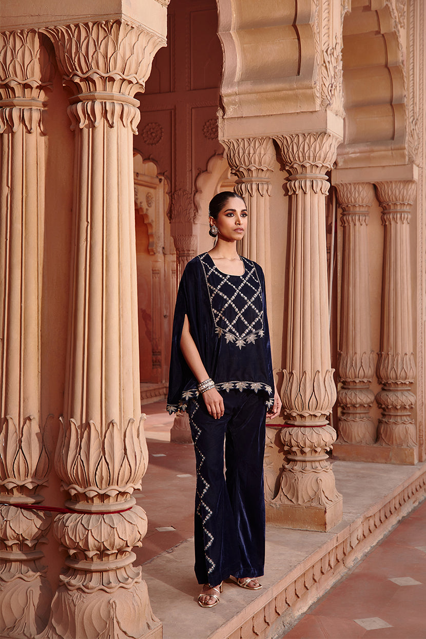 Rukhsana Navy Blue Velvet Aari Embroidered Cape & Flared Bottom Set