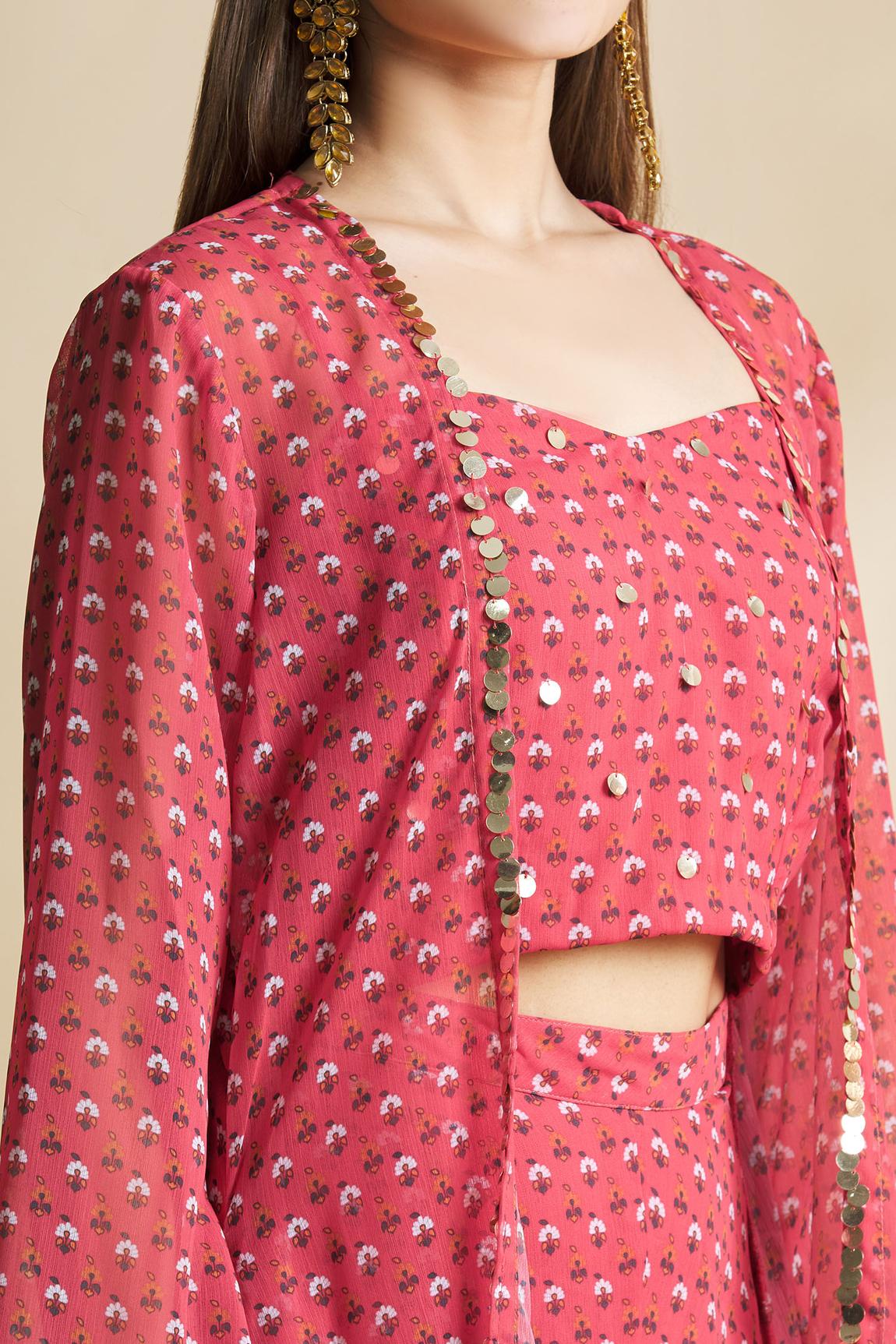 Red Printed Handloom Chanderi Pant Set With Jacket