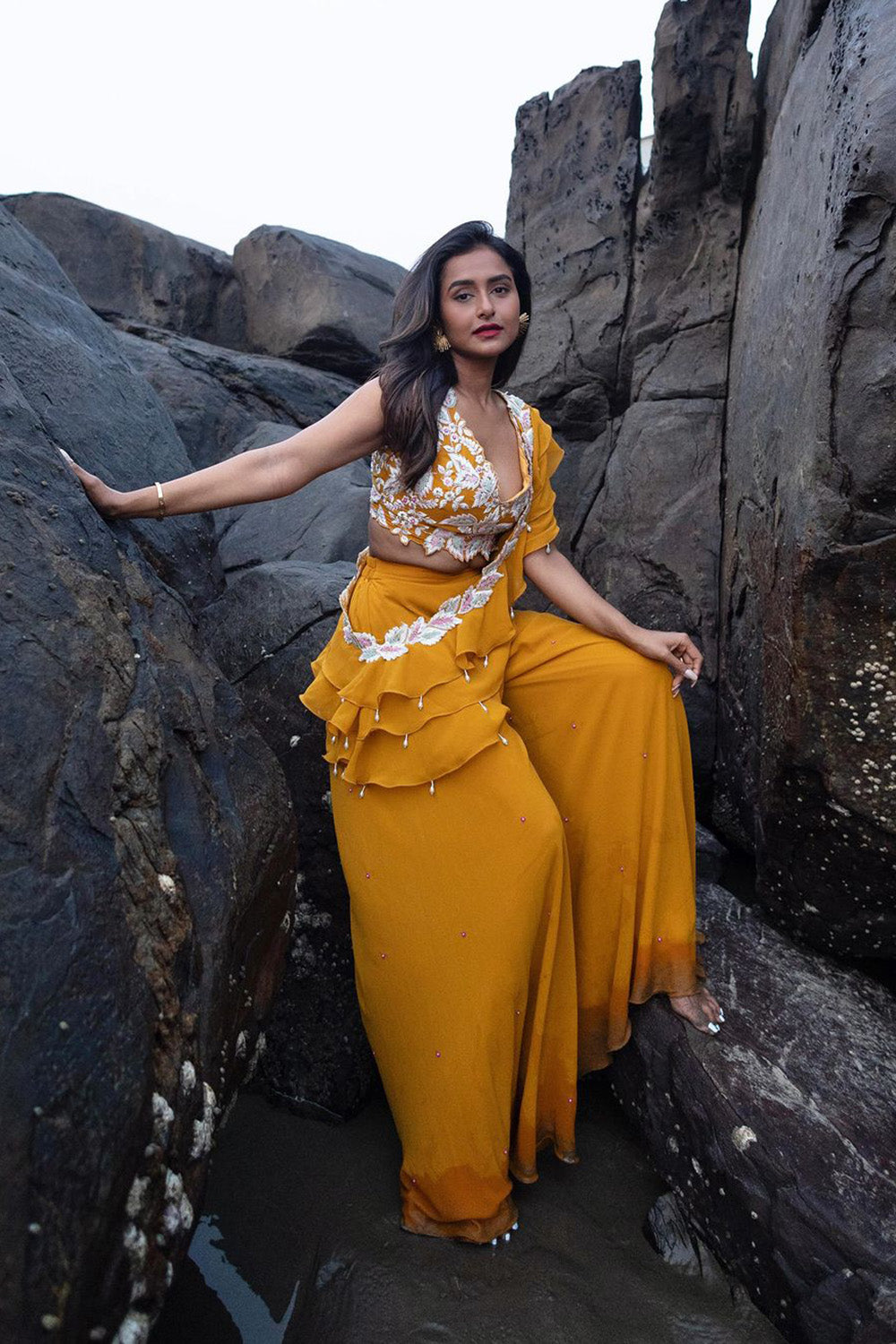 Pranwesha Mustard Georgette Sharara Set with Ruffle Drape
