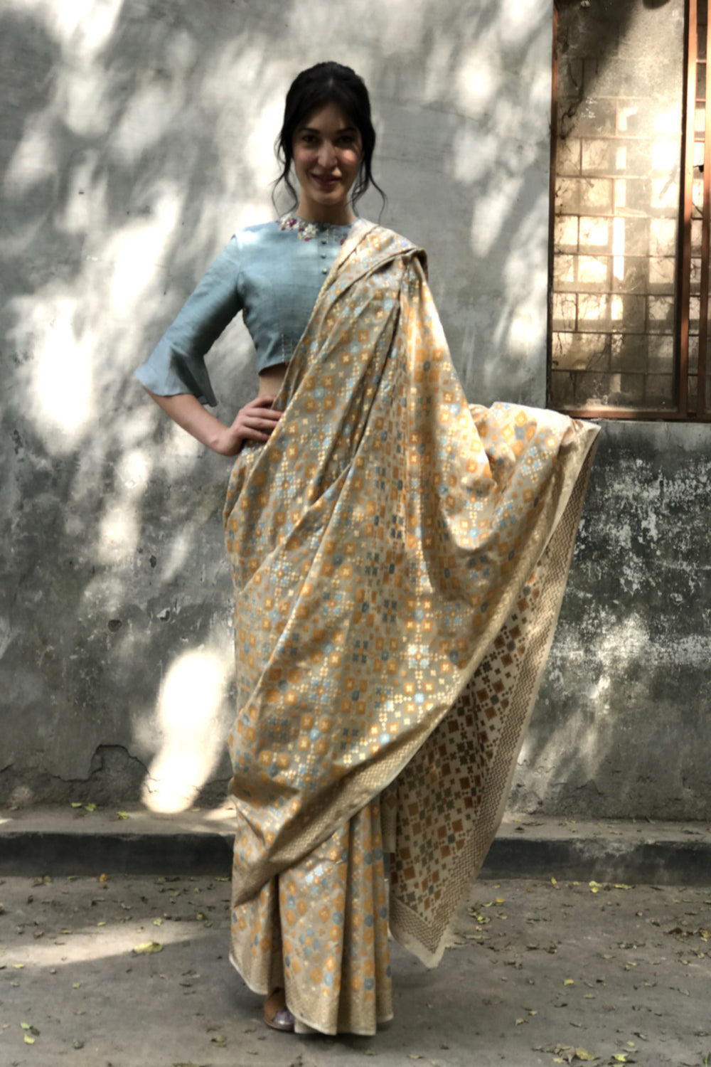 Beige Gold   Ikat Printed Silk Saree