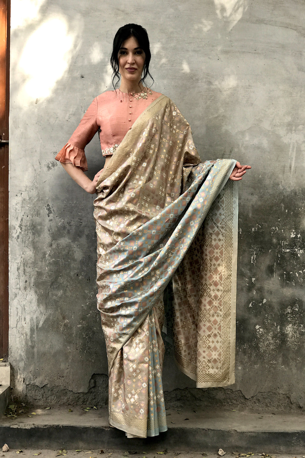 Beige & Mint Ombre Ikat Printed Silk Saree Set