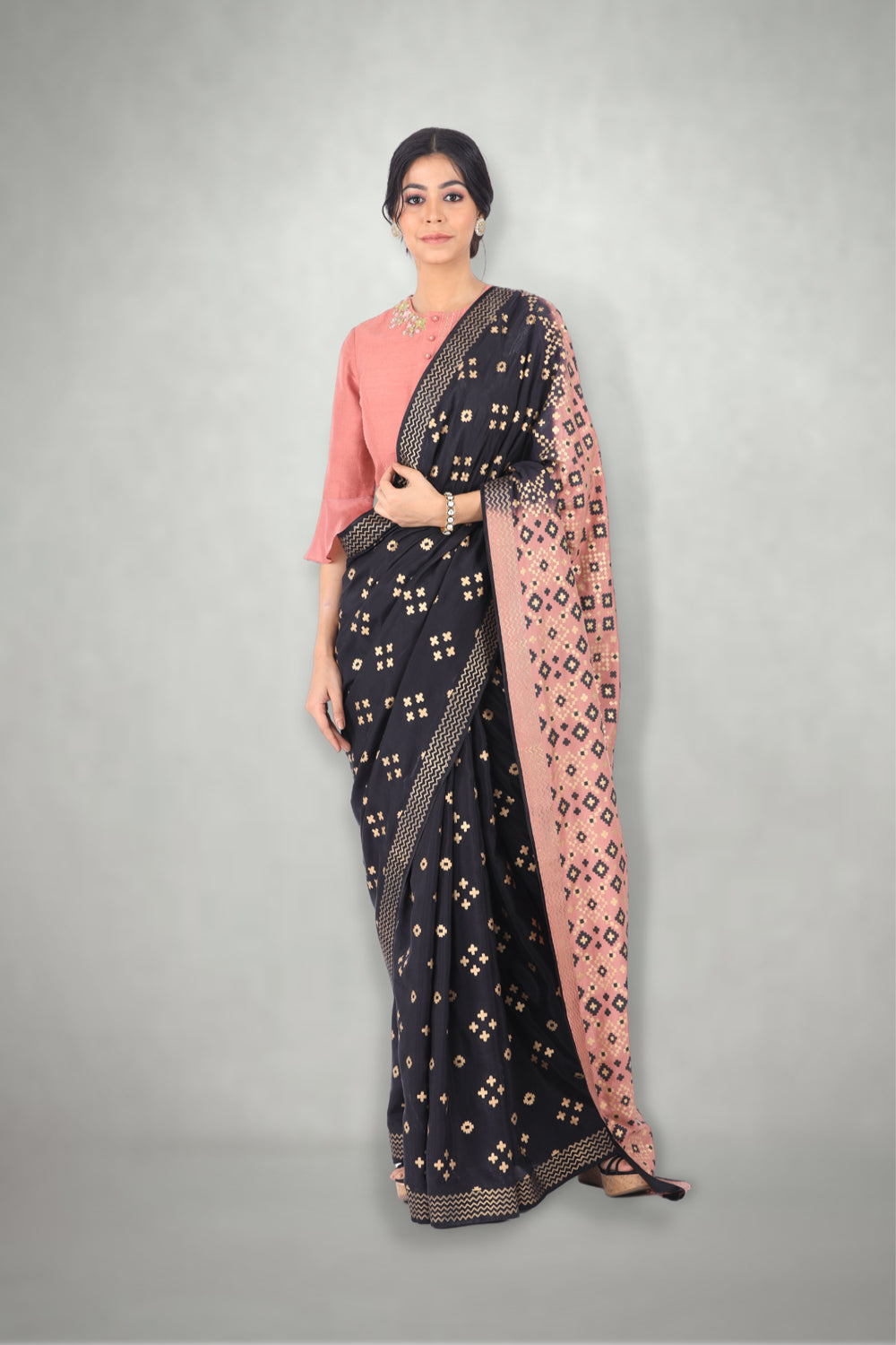 Black & Pink Ombre Ikat Printed  Saree