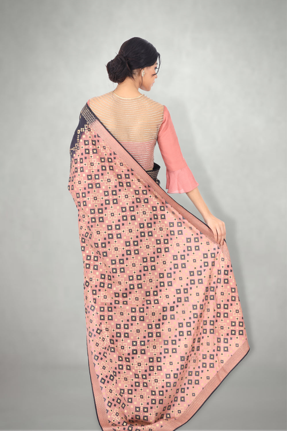 Black & Pink Ombre Ikat Printed  Saree