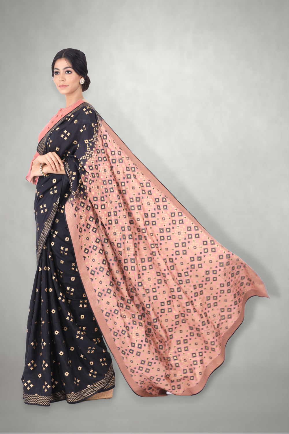 Black & Pink Ombre Ikat Printed  Saree