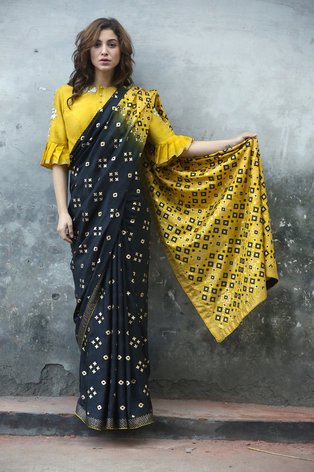 Black & Mustard Ombre  Ikat Printed Silk Saree Only