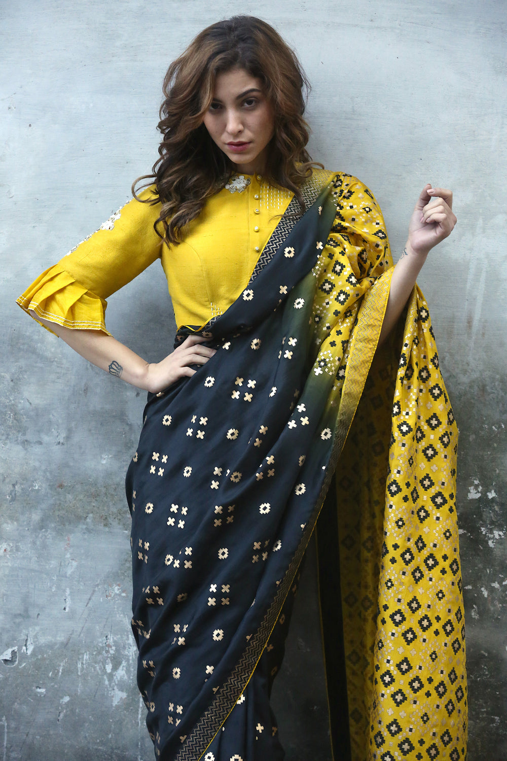 Black & Mustard Ombre  Ikat Printed Silk Saree Only