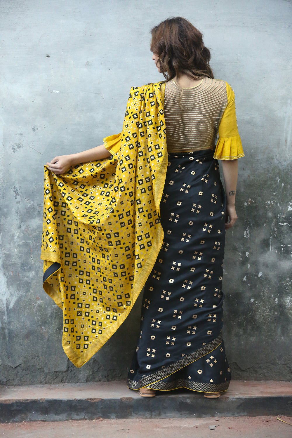 Black & Mustard Ombre  Ikat Printed Silk Saree Only