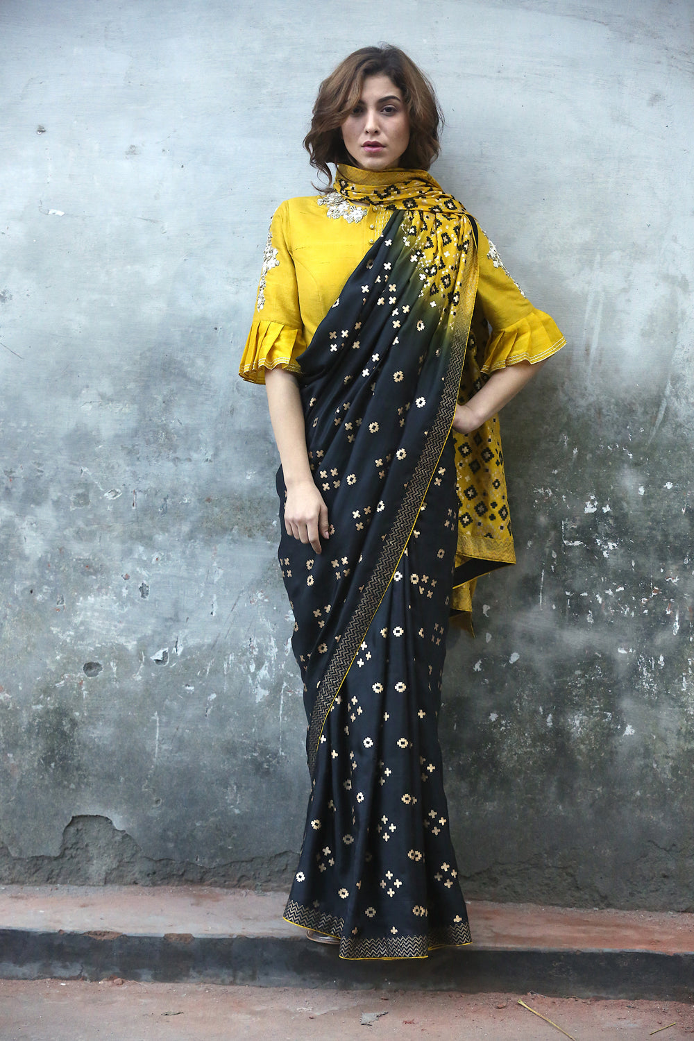 Black & Mustard Ombre  Ikat Printed Silk Saree Only